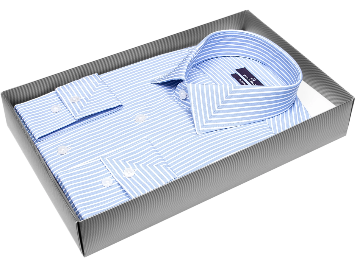 Модная рубашка с длинным рукавом Poggino 7013-60 силуэт приталенный стиль классический цвет голубой в полоску 100% хлопок