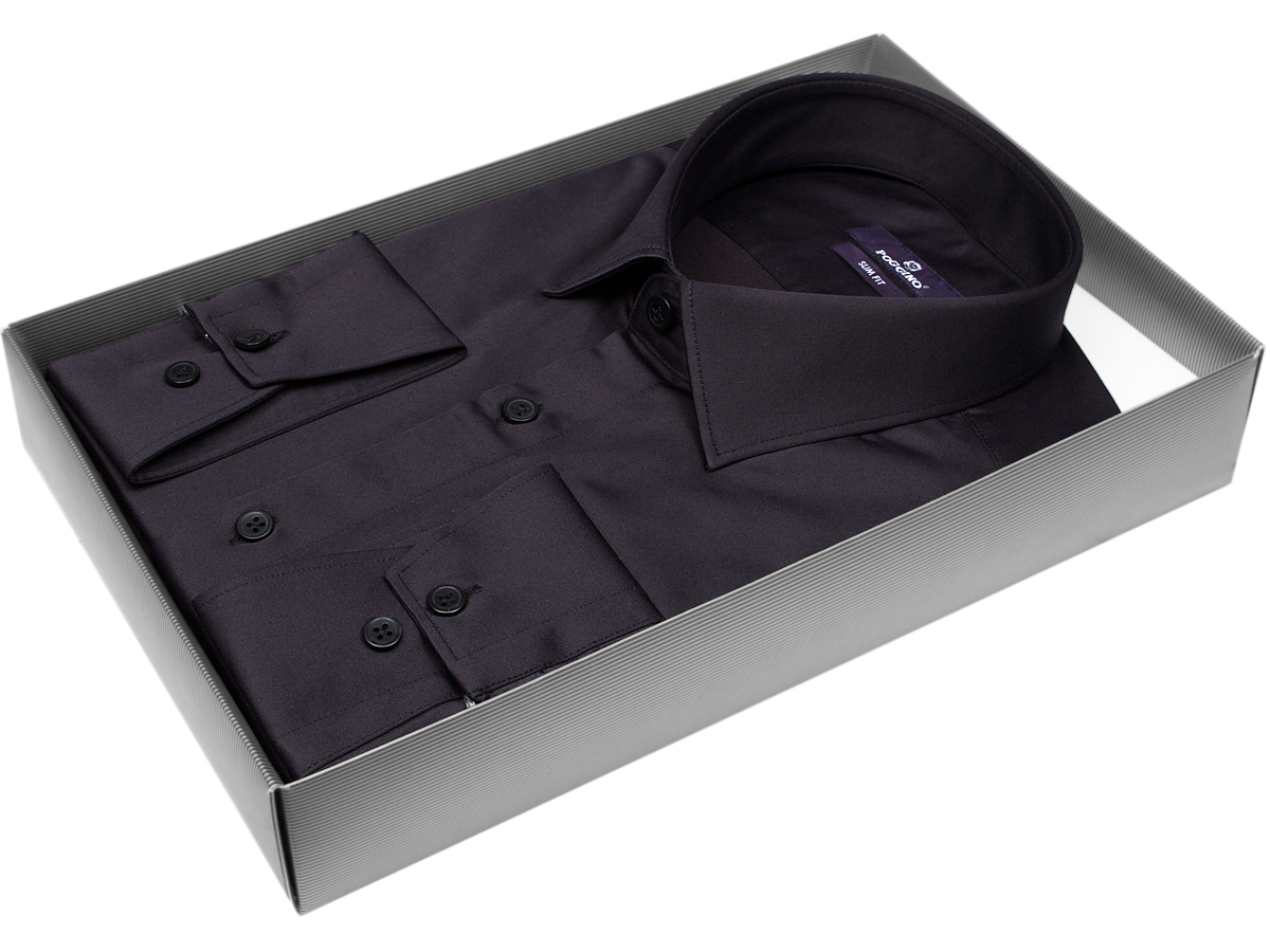 Яркая мужская рубашка Poggino 7015-24 рукав длинный силуэт приталенный стиль классический цвет черный однотонный 100% хлопок
