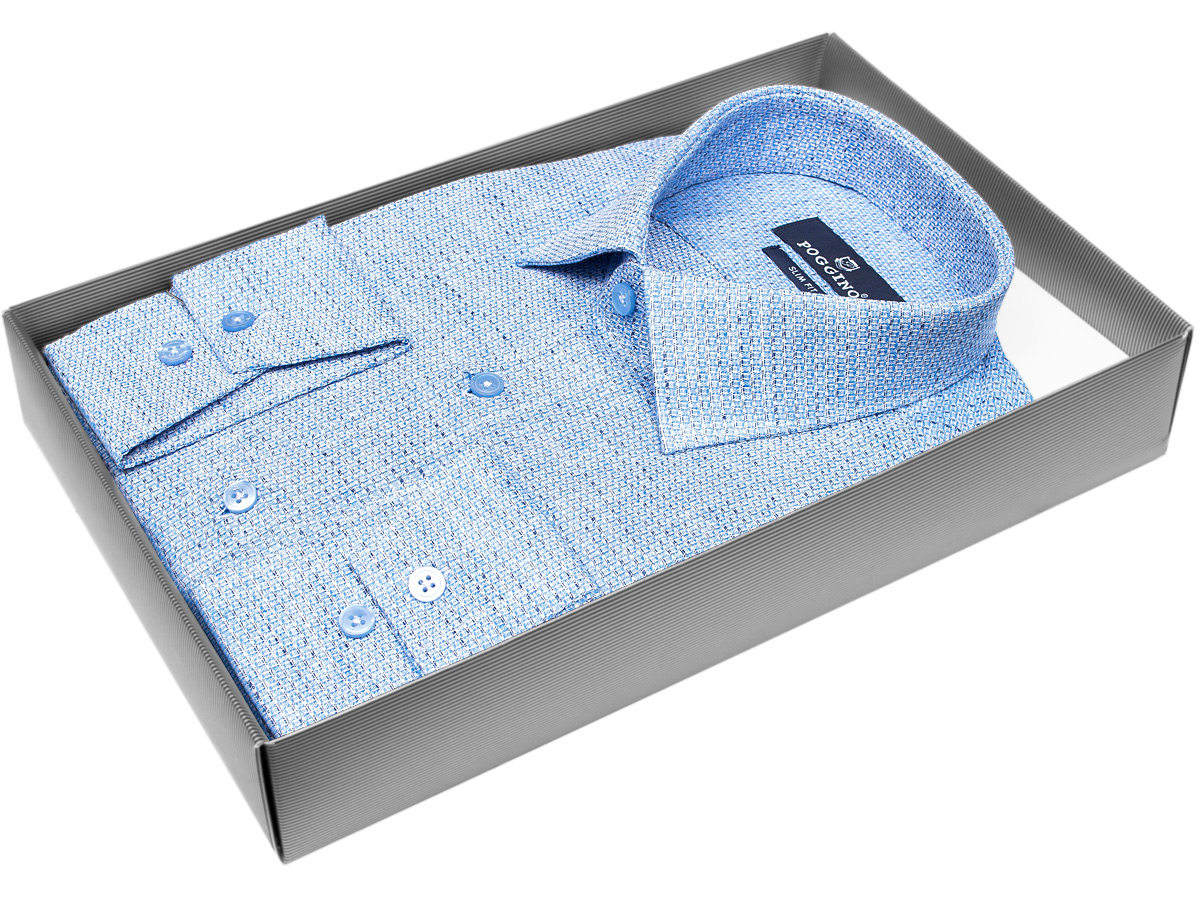 Голубая приталенная мужская рубашка Poggino 7011-06 меланж с длинными рукавами купить в Москве недорого