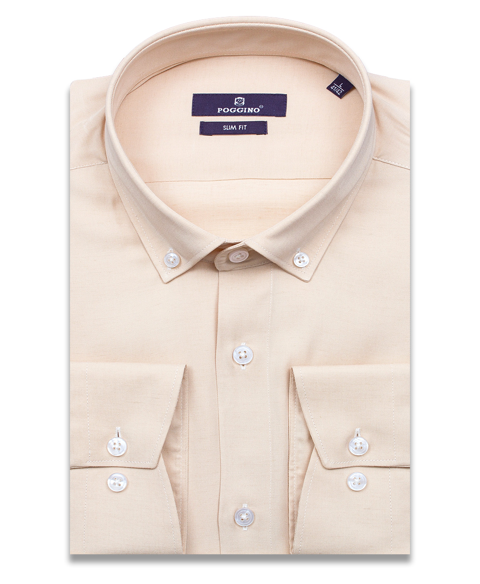 Бежевая приталенная мужская рубашка Poggino 7015-45 с длинными рукавами