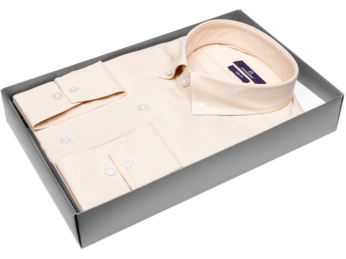 Приталенная мужская рубашка Poggino 7015-45 рукав длинный стиль классический цвет бежевый однотонный 100% хлопок