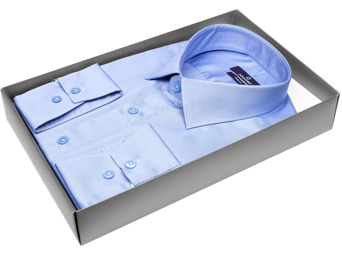 Голубая приталенная мужская рубашка Poggino 7015-37 с длинными рукавами купить в Москве недорого