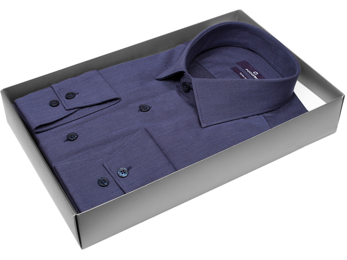 Брендовая мужская рубашка Poggino 7015-47 силуэт приталенный стиль классический цвет синий однотонный 100% хлопок