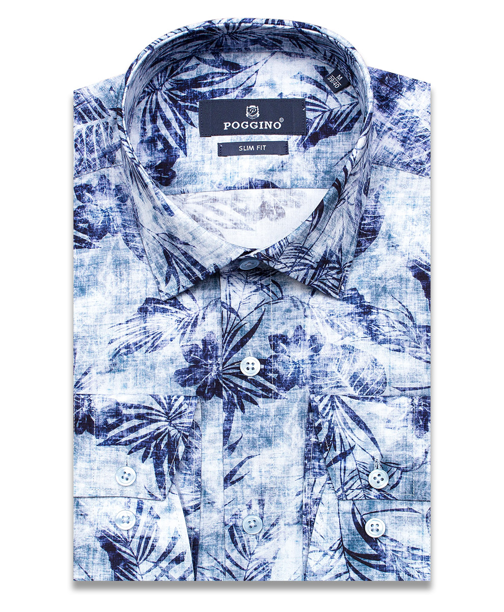 Синяя приталенная мужская рубашка Poggino 5010-04 в листьях с длинным рукавом