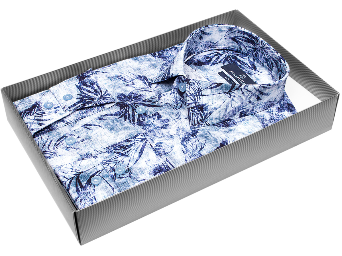 Яркая мужская рубашка Poggino 5010-04 рукав длинный силуэт приталенный стиль casual цвет синий в листьях 100% хлопок