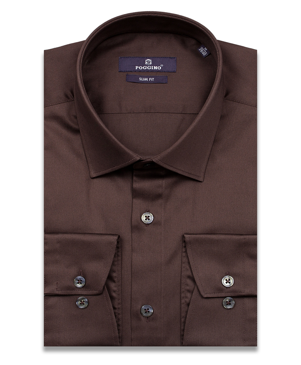 Коричневая приталенная мужская рубашка Poggino 7015-26 с длинными рукавами