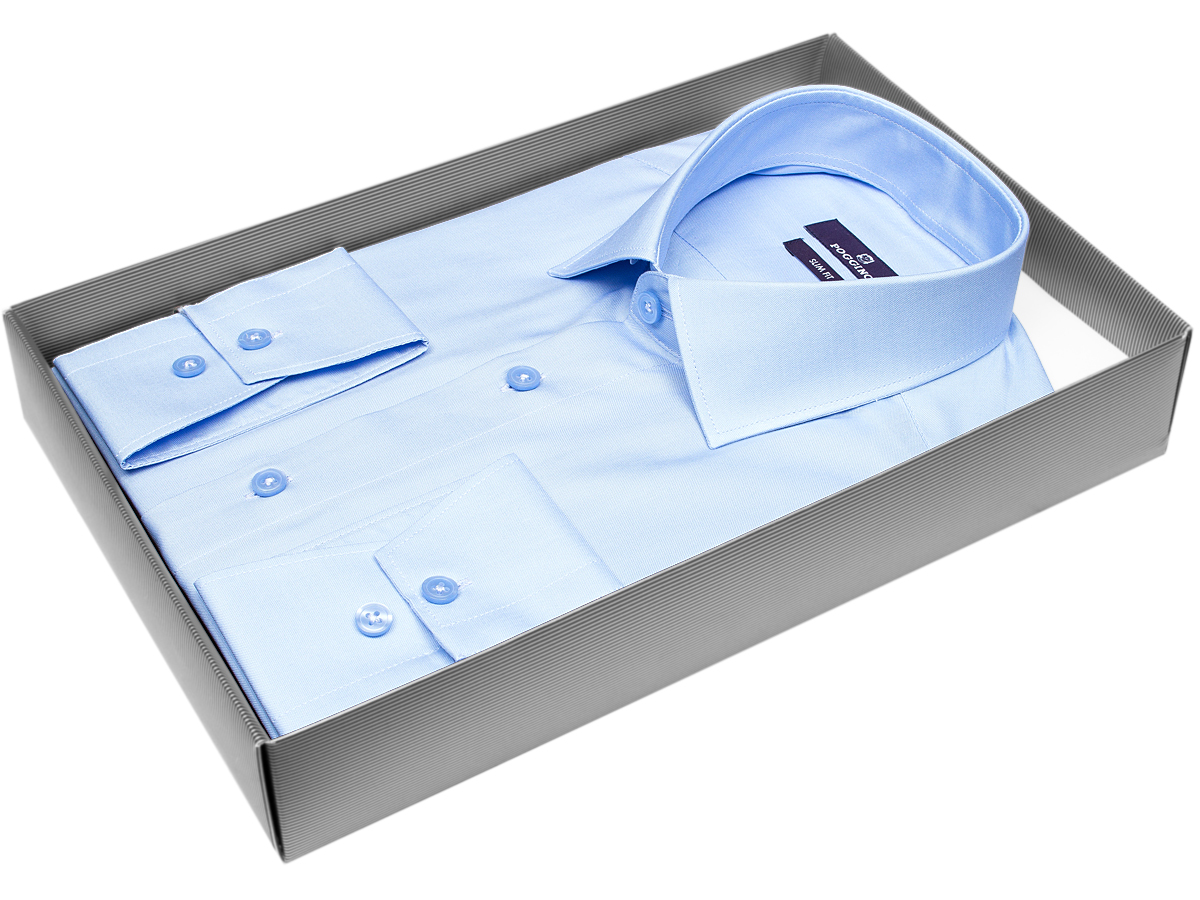Голубая приталенная мужская рубашка Poggino 7015-13 с длинными рукавами купить в Москве недорого