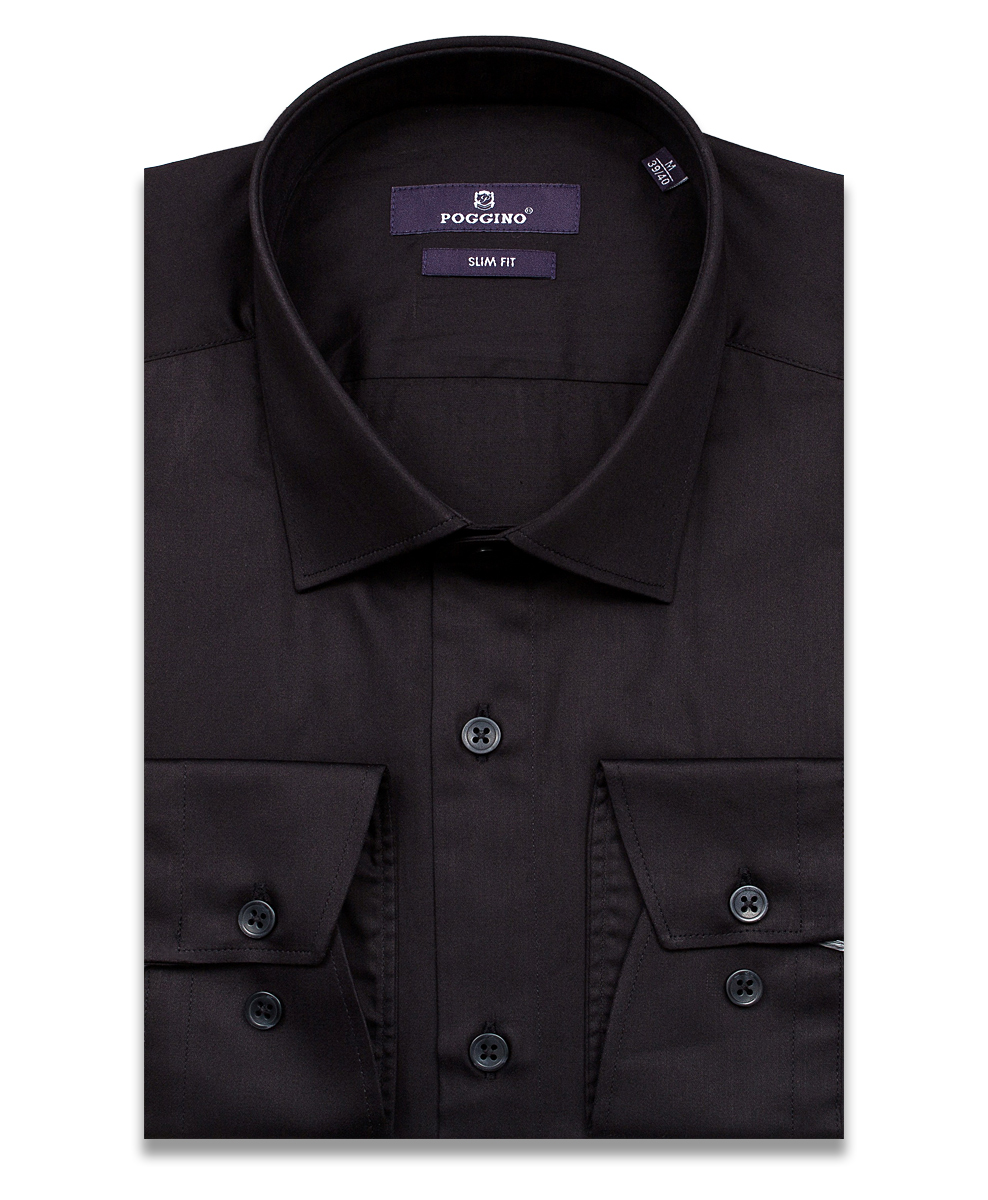 Черная приталенная мужская рубашка Poggino 7015-38 с длинными рукавами