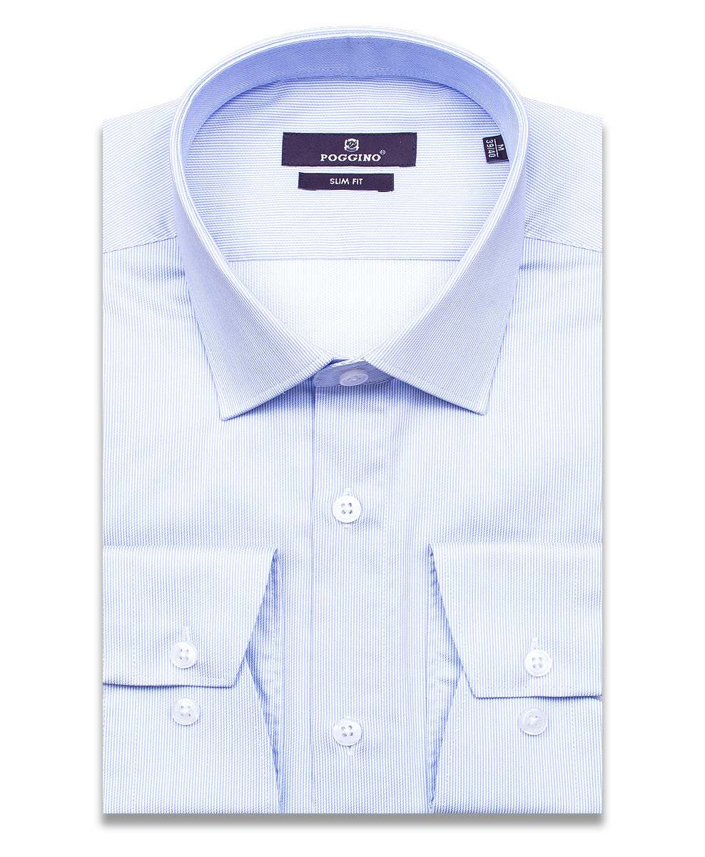 Голубая приталенная мужская рубашка Poggino 7015-50 в полоску с длинными рукавами