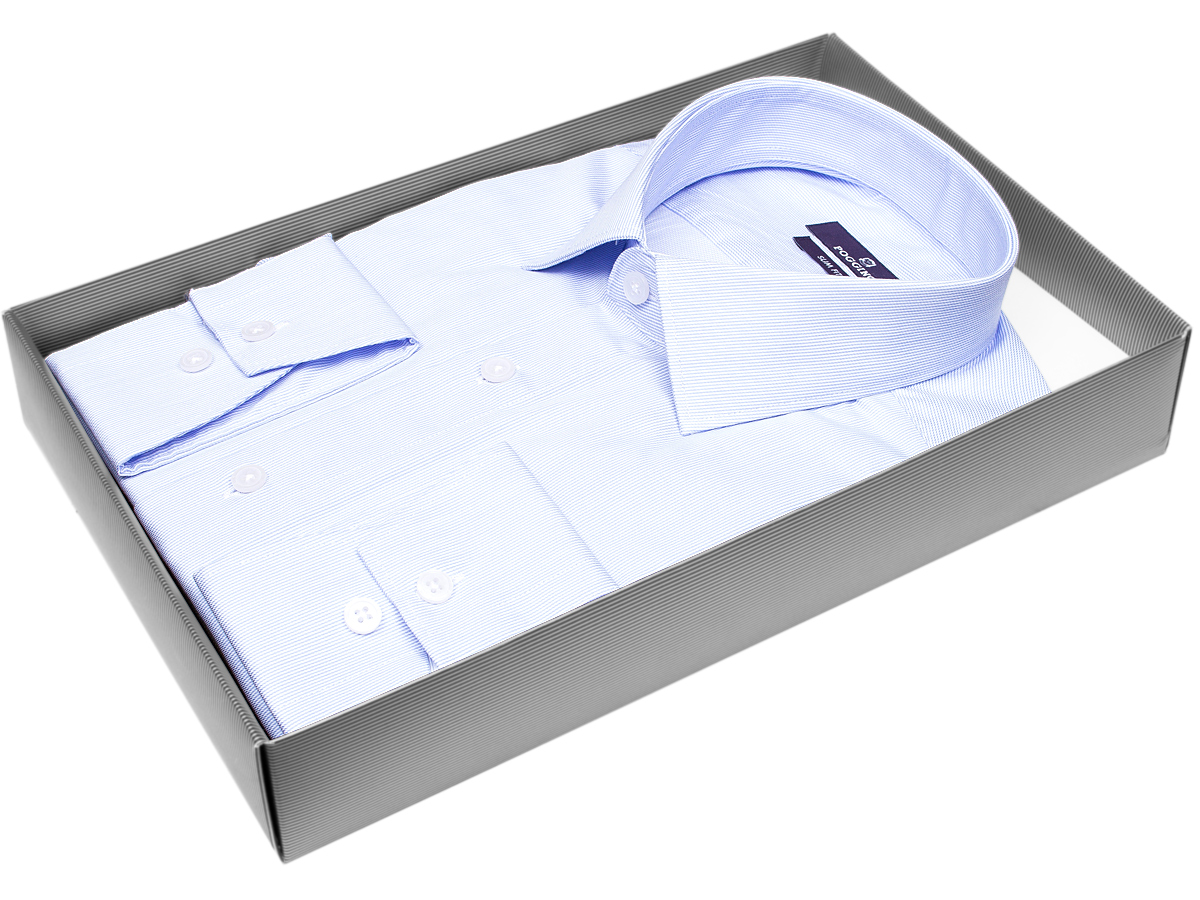 Яркая мужская рубашка Poggino 7015-50 рукав длинный силуэт приталенный стиль классический цвет голубой в полоску 100% хлопок