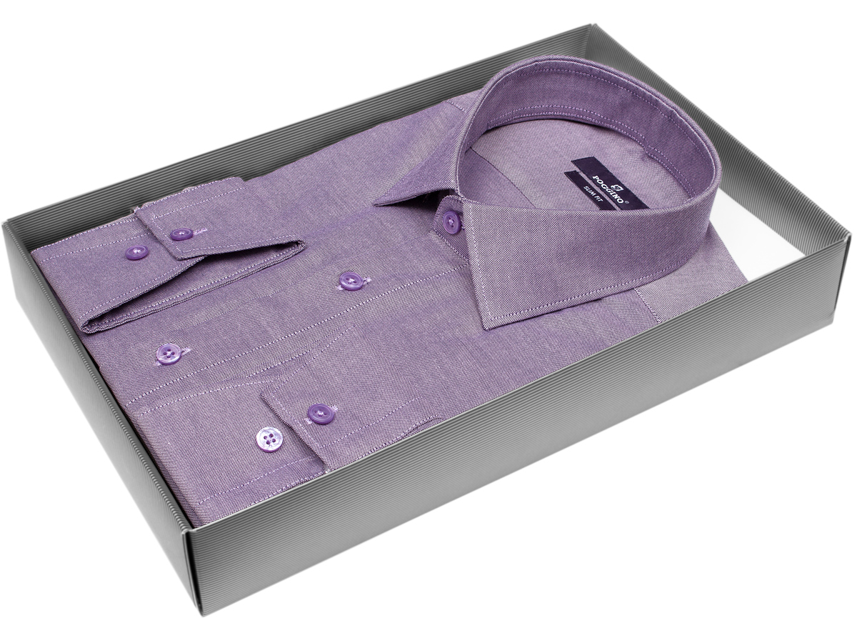 Стильная мужская рубашка Poggino 7015-69 рукав длинный силуэт приталенный стиль классический цвет пурпурно-серый однотонный 100% хлопок