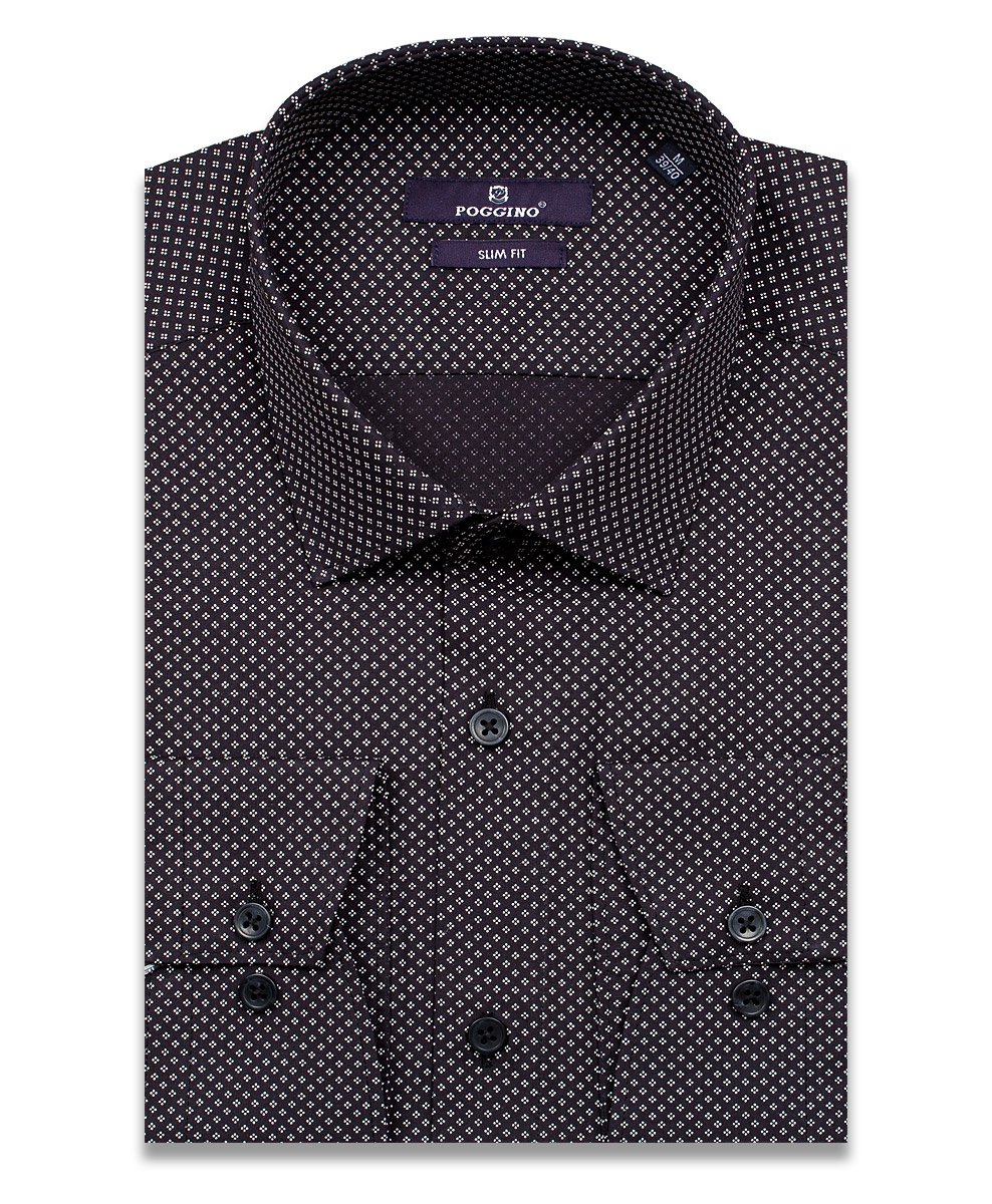 Черная приталенная мужская рубашка Poggino 7014-40 в ромбах с длинными рукавами