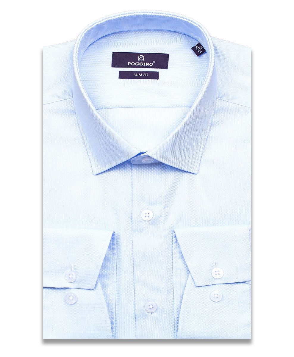 Голубая приталенная мужская рубашка Poggino 7015-53 с длинными рукавами