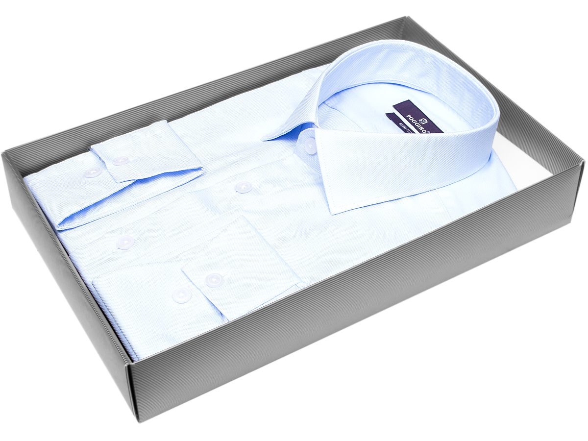 Голубая приталенная мужская рубашка Poggino 7015-53 с длинными рукавами купить в Москве недорого