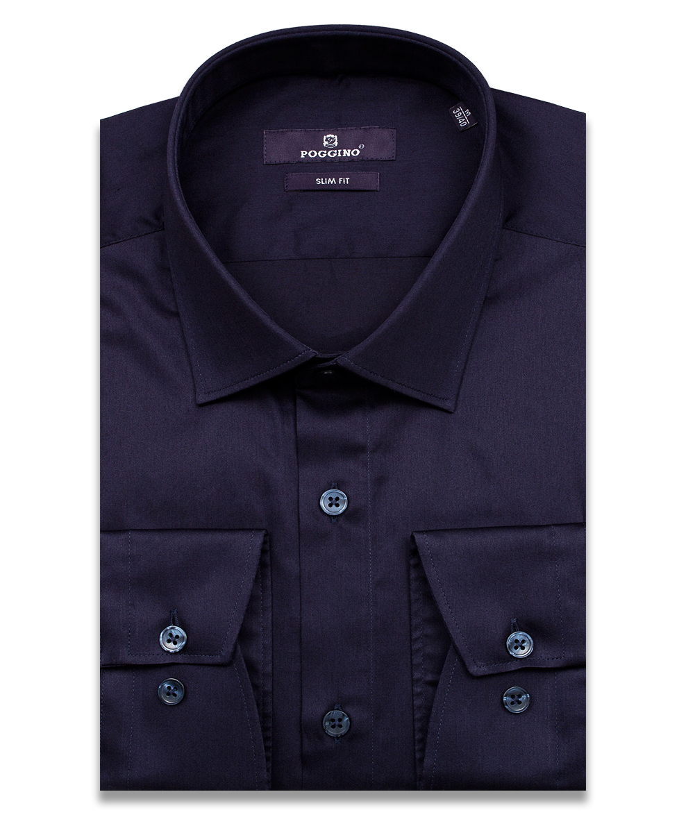 Темно-синяя приталенная мужская рубашка Poggino 7015-39 с длинными рукавами