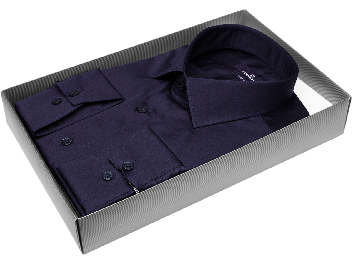 Брендовая мужская рубашка Poggino 7015-39 силуэт приталенный стиль классический цвет темно синий однотонный 100% хлопок
