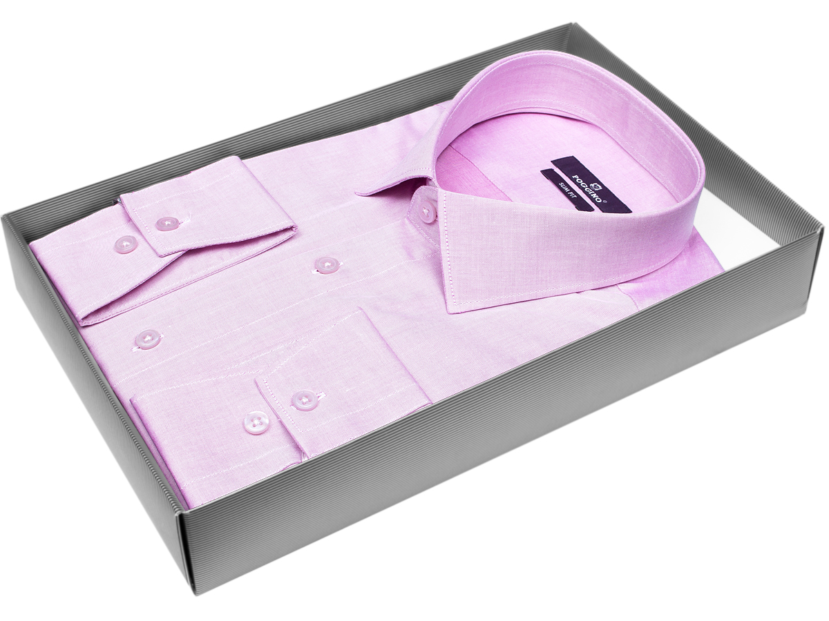 Брендовая мужская рубашка Poggino 7015-68 силуэт приталенный стиль классический цвет сиреневый однотонный 100% хлопок