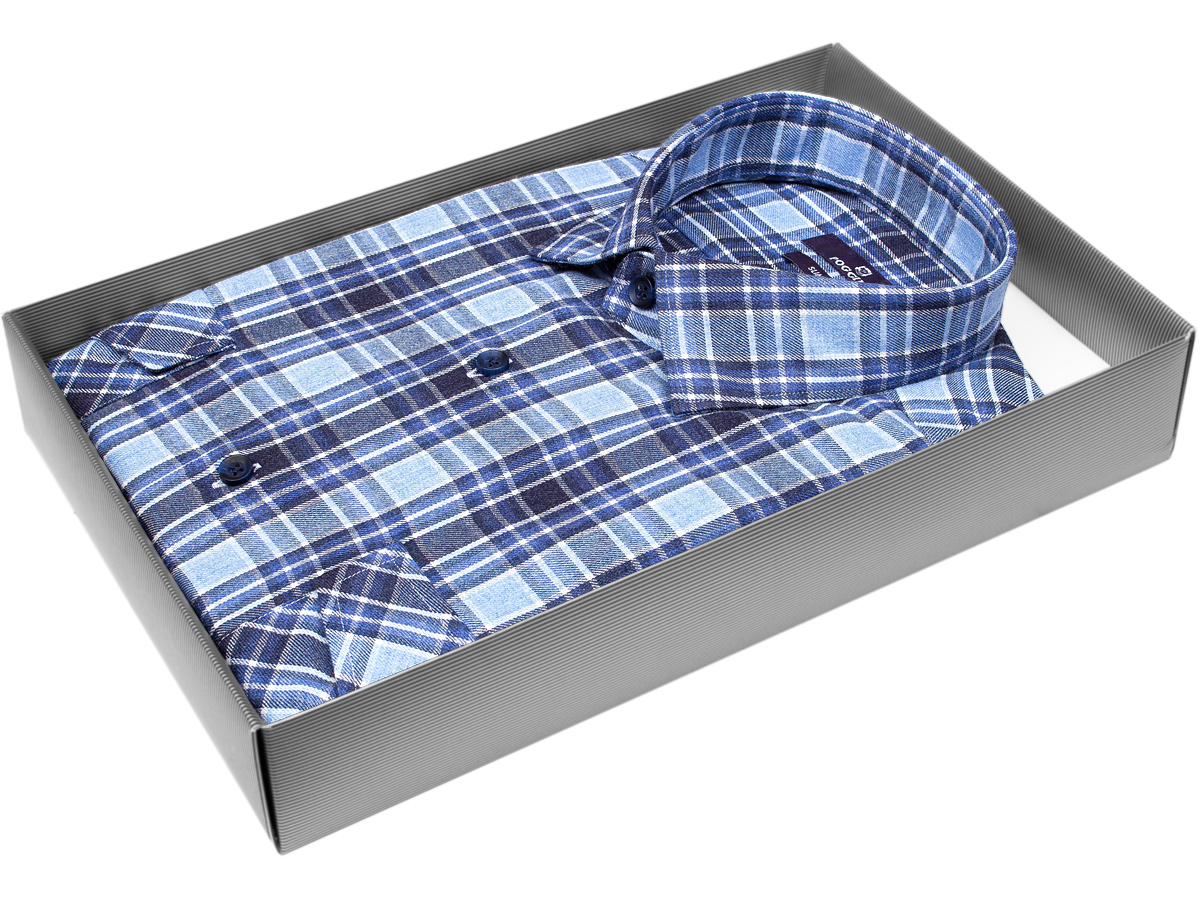 Брендовая мужская рубашка Poggino 7017-08 силуэт приталенный стиль casual цвет голубой в клетку 100% хлопок