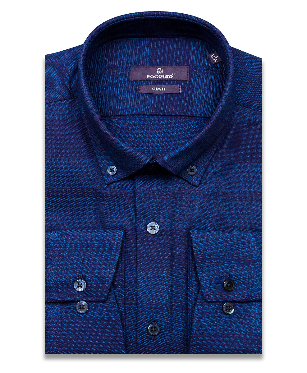 Байковая темно-синяя приталенная мужская рубашка Poggino 7017-04 в клетку с длинными рукавами