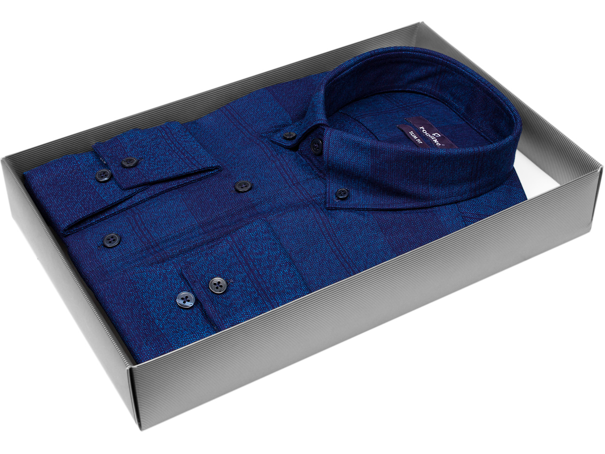 Байковая темно-синяя приталенная мужская рубашка Poggino 7017-04 в клетку с длинными рукавами купить в Москве недорого