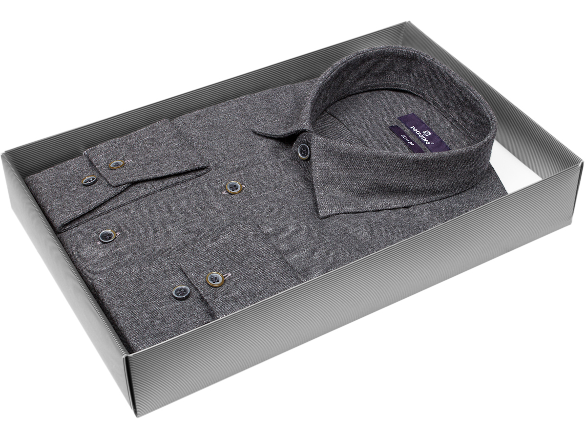 Модная мужская рубашка Poggino 7014-99 силуэт приталенный стиль casual цвет темно серый меланж 100% хлопок
