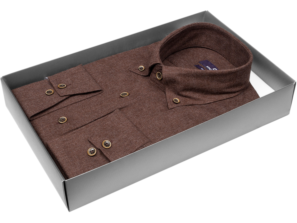 Брендовая мужская рубашка Poggino 7017-57 силуэт приталенный стиль casual цвет коричневый меланж 100% хлопок