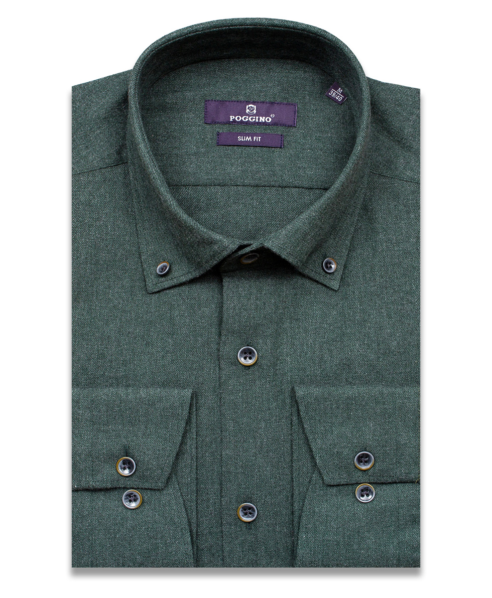 Байковая зеленая приталенная мужская рубашка меланж Poggino 7017-58 с длинным рукавом