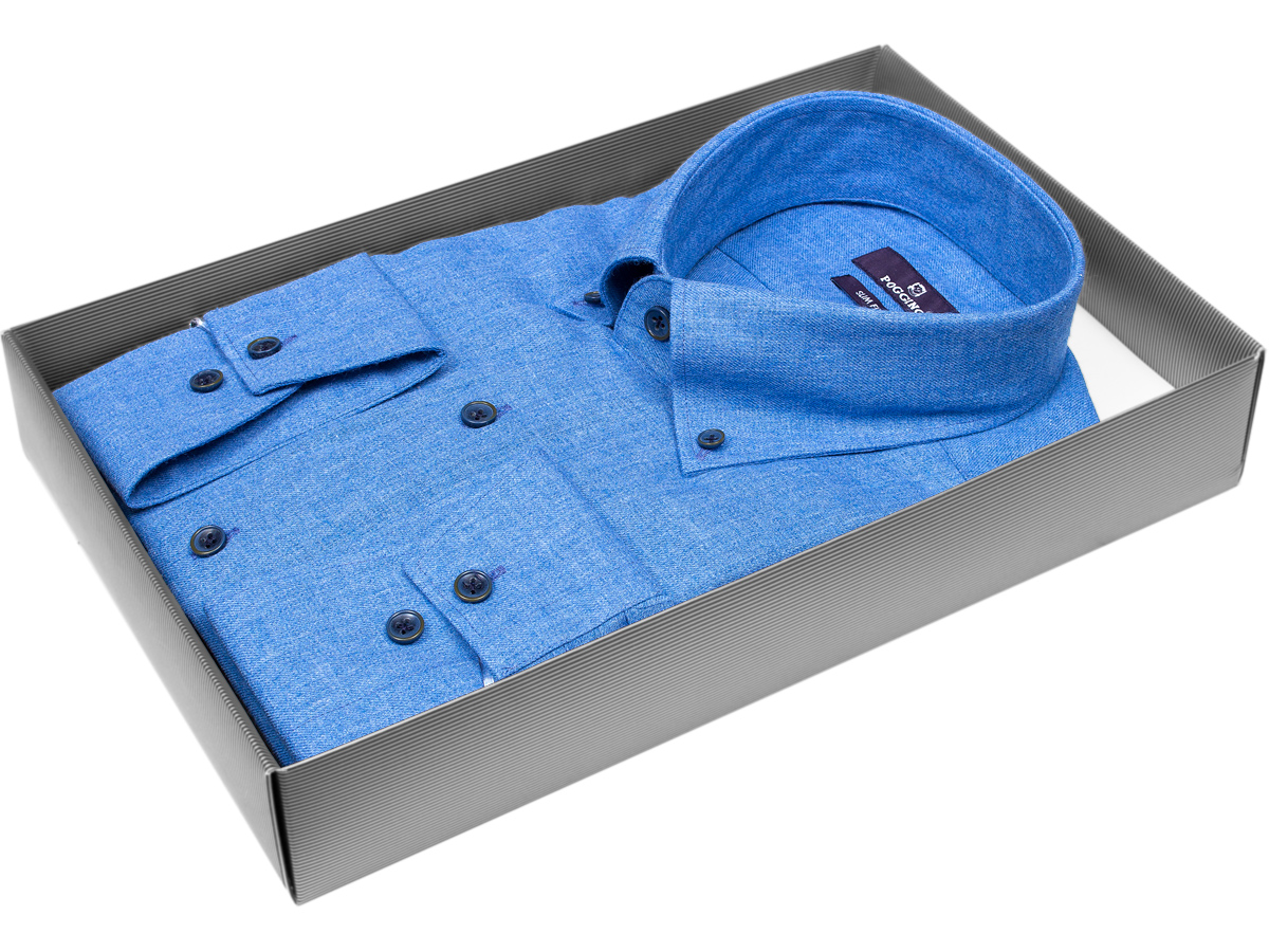 Байковая синяя приталенная мужская рубашка меланж Poggino 7017-54 с длинным рукавом купить в Москве недорого