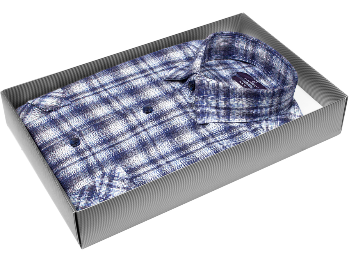 Байковая синяя приталенная мужская рубашка Poggino 7017-17 в клетку с длинными рукавами купить в Москве недорого
