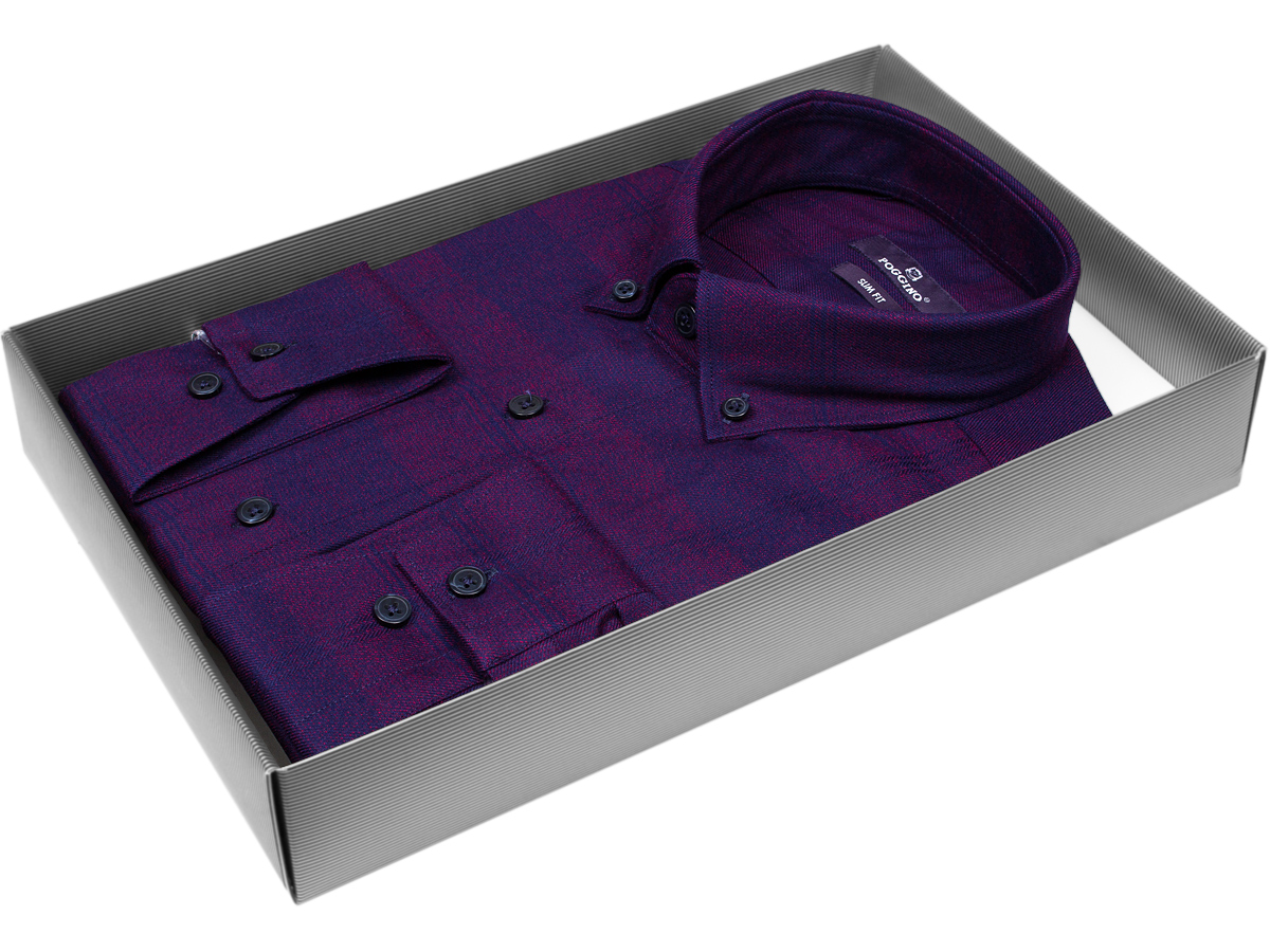 Теплая мужская рубашка Poggino 7017-05 рукав длинный силуэт приталенный стиль casual цвет сливовый в клетку 100% хлопок