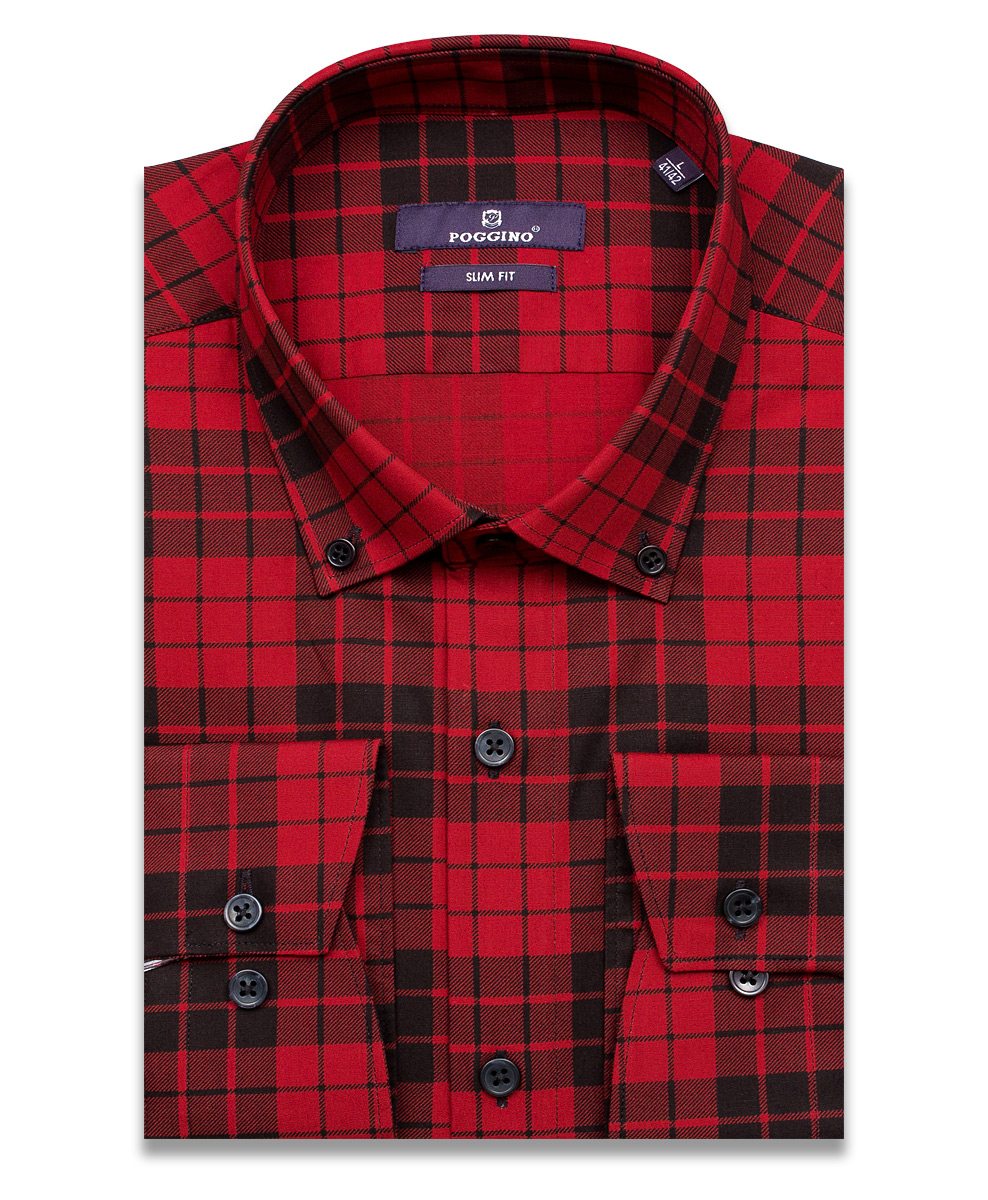 Темно-красная приталенная мужская рубашка Poggino 7017-03 в клетку с длинными рукавами