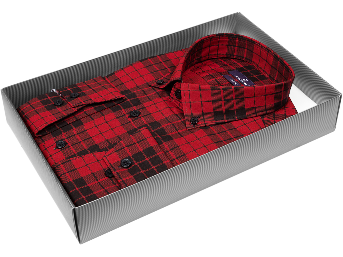 Приталенная мужская рубашка Poggino 7017-03 рукав длинный стиль casual цвет красный в клетку 100% хлопок