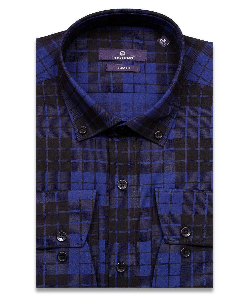 Темно-синяя приталенная мужская рубашка Poggino 7017-02 в клетку с длинными рукавами