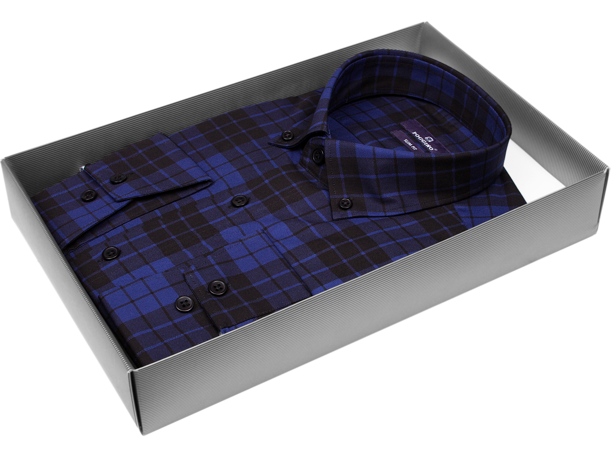 Брендовая мужская рубашка Poggino 7017-02 силуэт приталенный стиль casual цвет темно синий в клетку 100% хлопок
