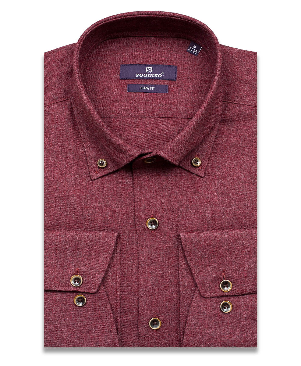 Байковая бордовая приталенная мужская рубашка меланж Poggino 7017-53 с длинными рукавами