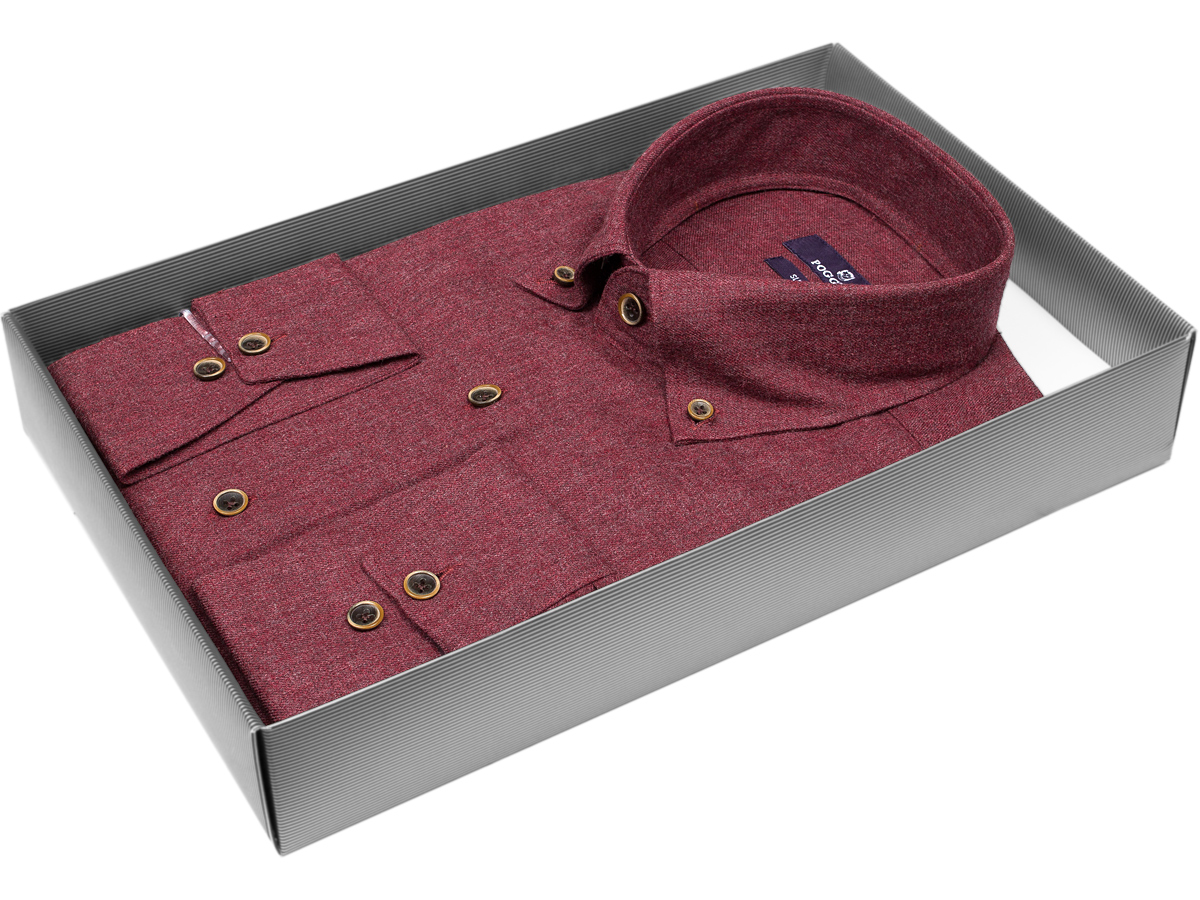 Теплая мужская рубашка Poggino 7017-53 рукав длинный силуэт приталенный стиль casual цвет бордовый однотонный 100% хлопок