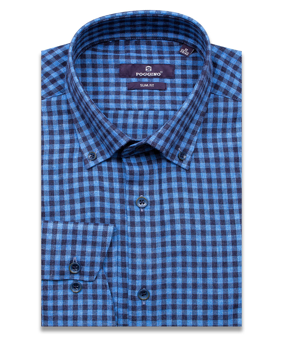 Байковая синяя приталенная мужская рубашка Poggino 7017-60 в клетку с длинными рукавами