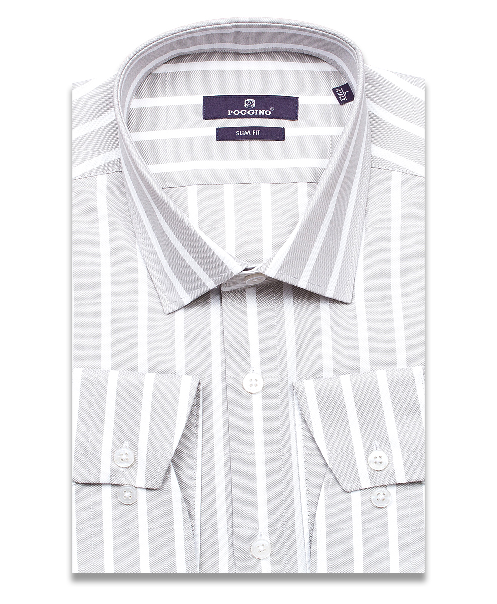 Серая приталенная мужская рубашка Poggino 7015-119 в полоску с длинными рукавами