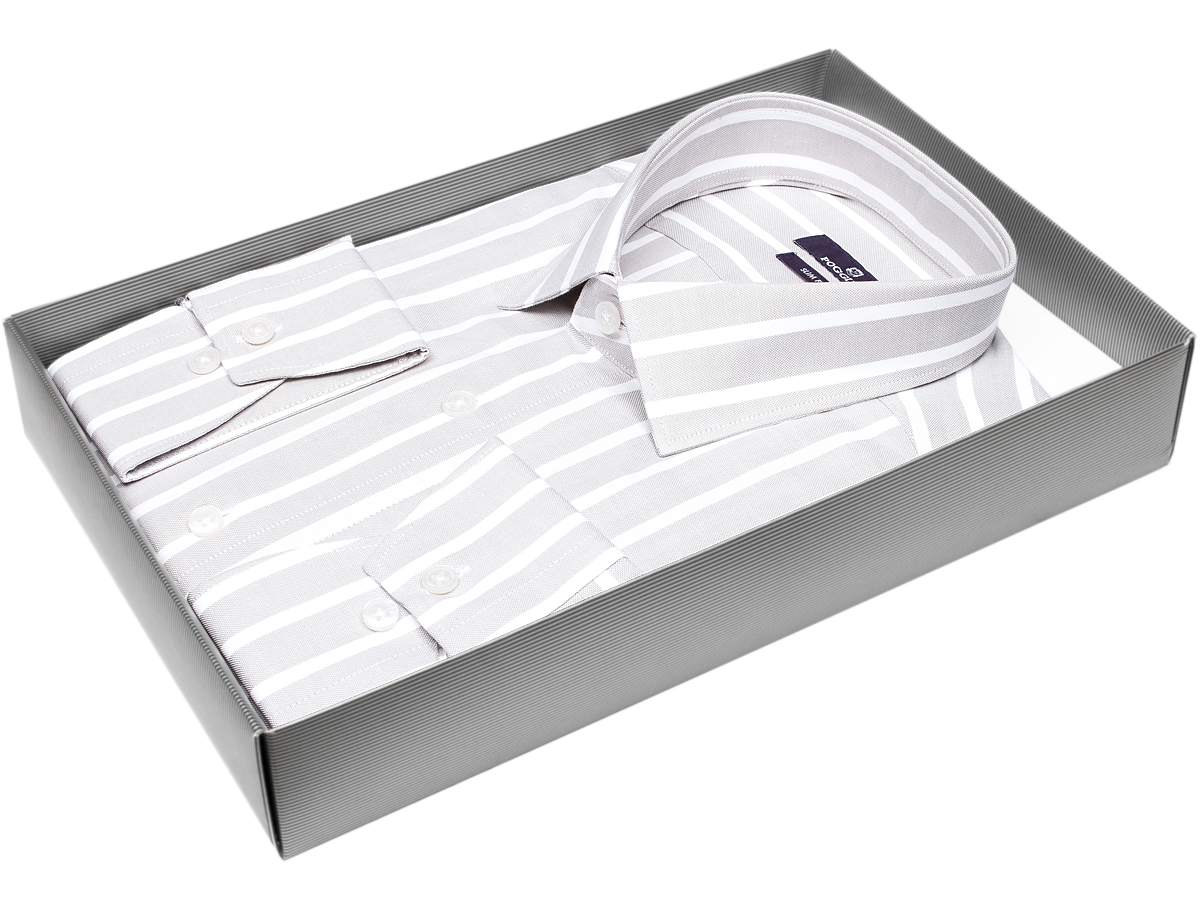 Брендовая мужская рубашка Poggino 7015-119 силуэт приталенный стиль классический цвет серый в полоску 100% хлопок