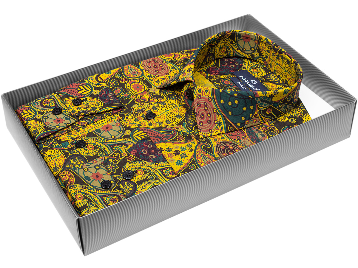 Яркая мужская рубашка Poggino 5010-34 рукав длинный силуэт приталенный стиль casual цвет мультиколор в восточных огурцах 100% хлопок