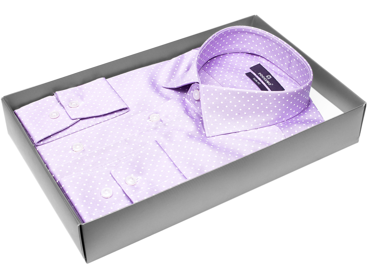 Брендовая мужская рубашка Poggino 7014-38 силуэт приталенный стиль классический цвет сиреневый в горошек 100% хлопок