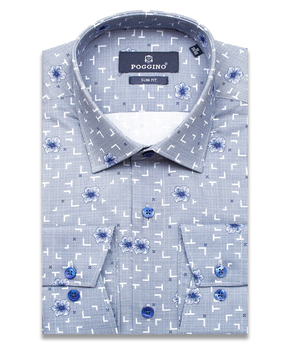 Серо-голубая приталенная мужская рубашка Poggino 7015-19 в цветах с длинными рукавами
