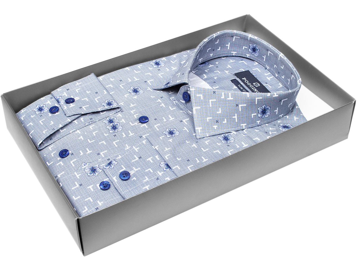 Брендовая мужская рубашка Poggino 7015-19 силуэт приталенный стиль casual цвет серо-голубой в цветах 100% хлопок