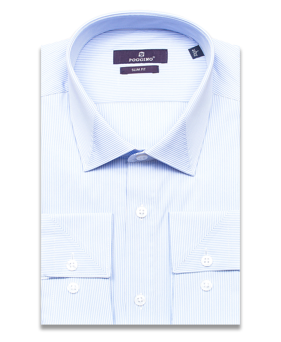 Голубая приталенная мужская рубашка Poggino 7013-85 в полоску с длинными рукавами
