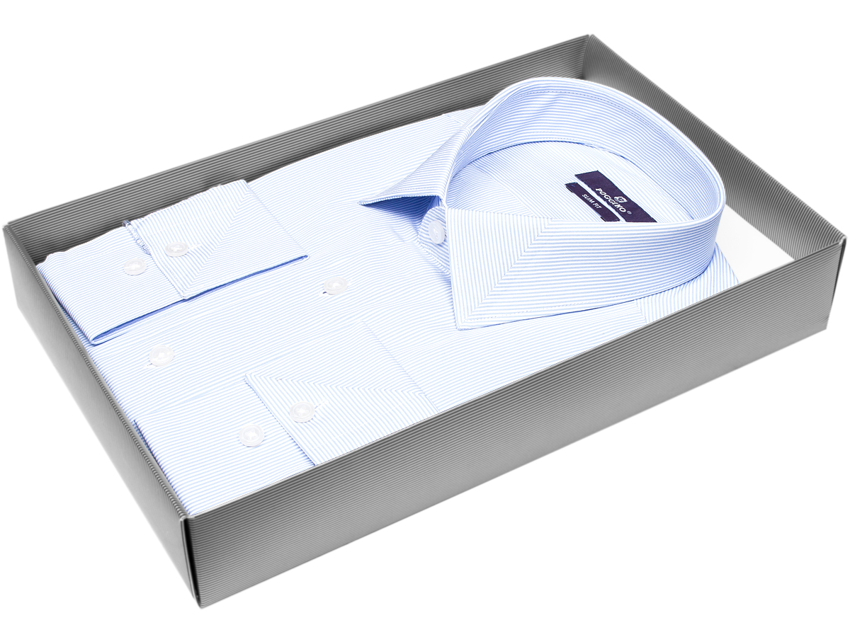Голубая приталенная мужская рубашка Poggino 7013-85 в полоску с длинными рукавами купить в Москве недорого