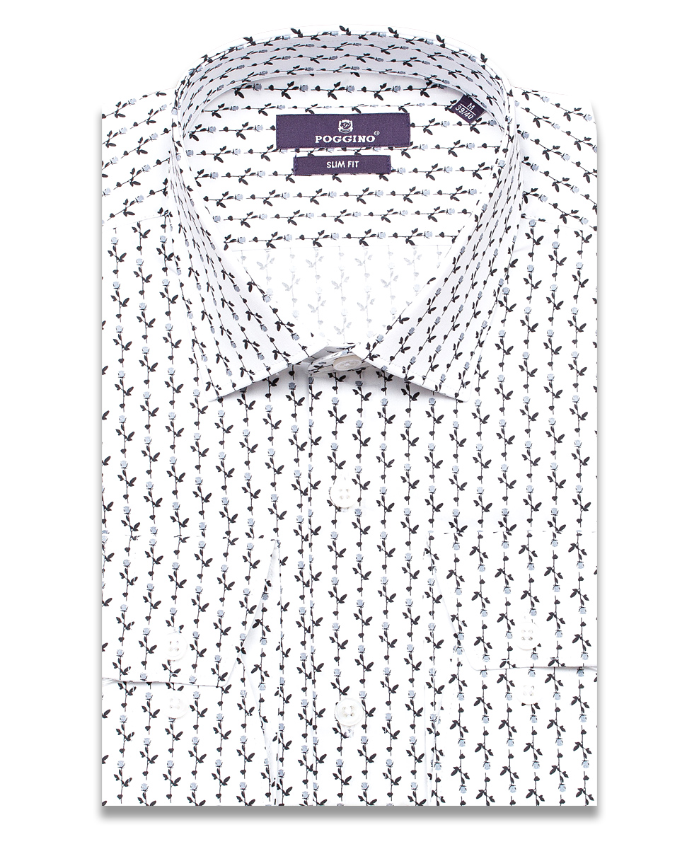Белая приталенная мужская рубашка Poggino 7015-66 в цветах с длинными рукавами