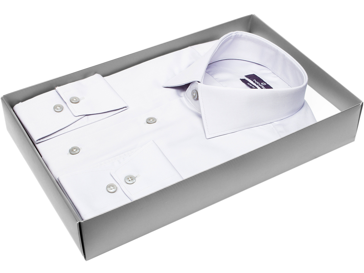 Брендовая мужская рубашка Poggino 7016-04 силуэт приталенный стиль классический цвет светло-серый однотонный 100% хлопок