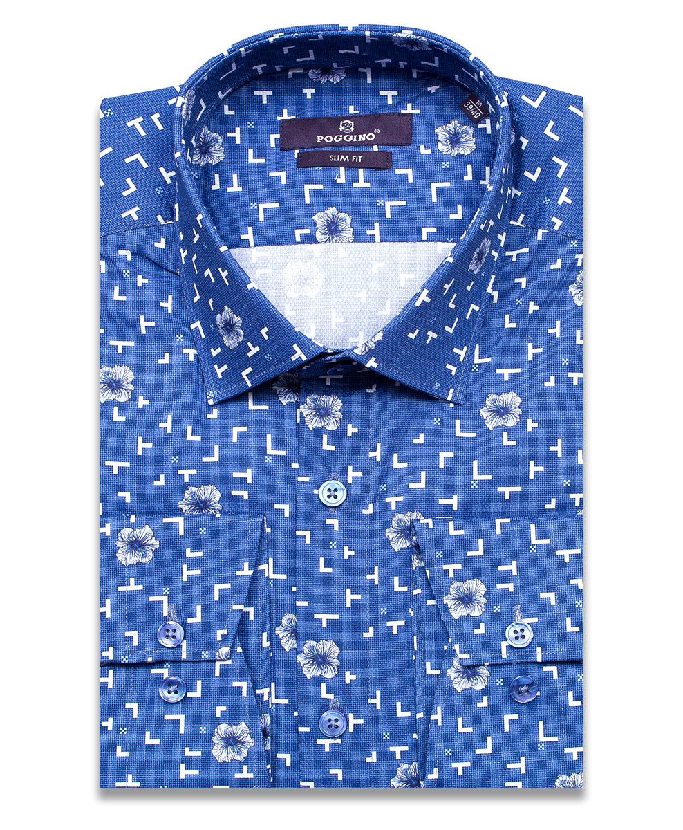 Синяя приталенная мужская рубашка Poggino 7015-20 в цветочек с длинными рукавами