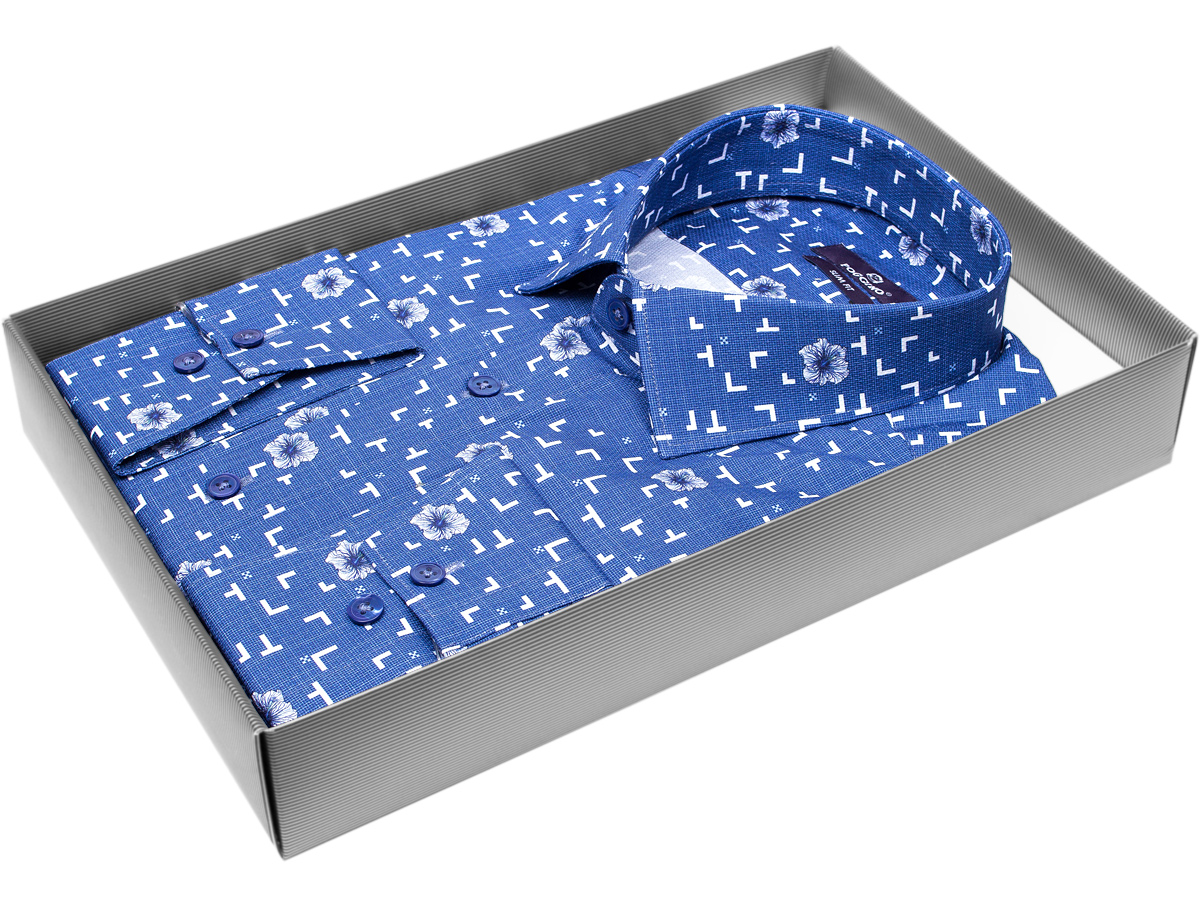 Приталенная мужская рубашка Poggino 7015-20 рукав длинный стиль casual цвет синий в цветах 100% хлопок