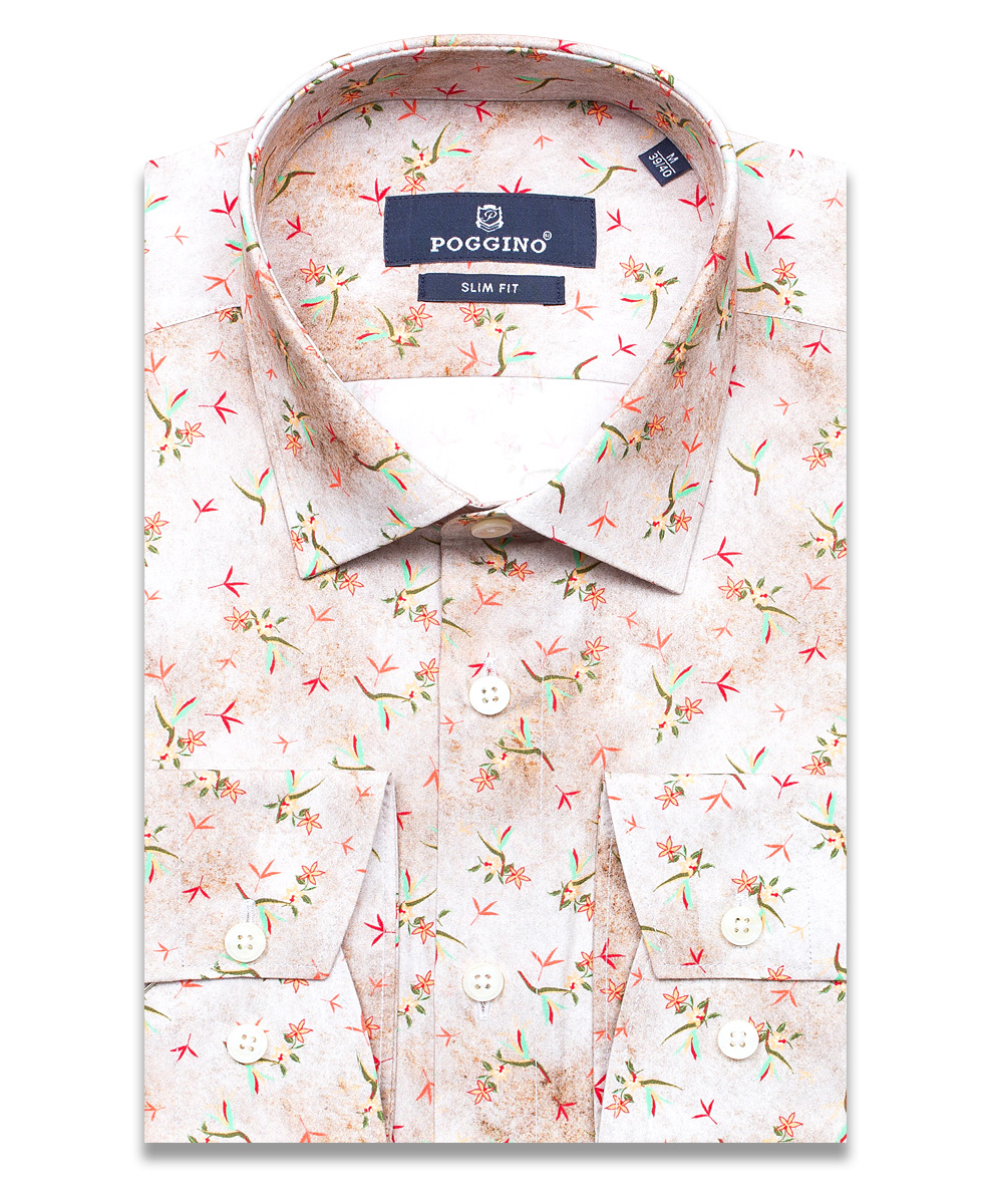 Бежевая приталенная мужская рубашка Poggino 5010-01 в цветах с длинными рукавами